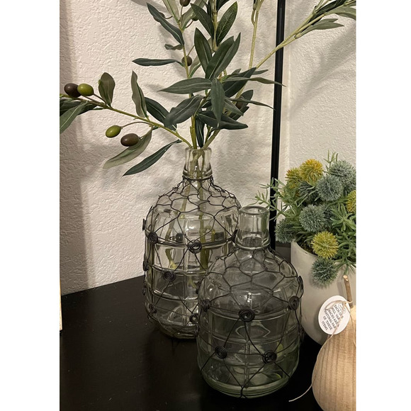 Vintage 2Pc/Set Modern Farm House Glass Milk Bottle Bud Vase Wire Wrap HomeDecor - Picture 2 of 6